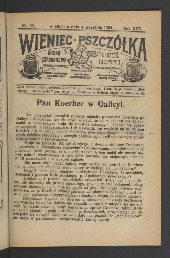 Wieniec-Pszczółka : organ Stronnictwa Chrześcijańsko-Ludowego. Rok 30, 1904, numer 33