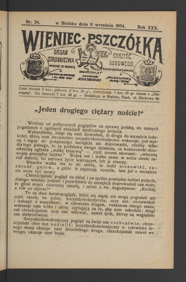 Wieniec-Pszczółka : organ Stronnictwa Chrześcijańsko-Ludowego. Rok 30, 1904, numer 34