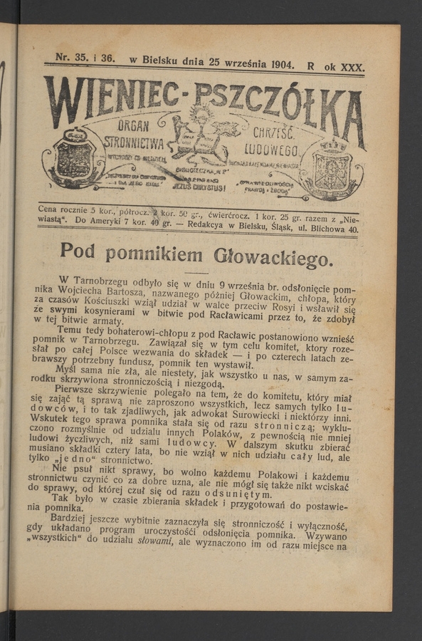 Wieniec-Pszczółka : organ Stronnictwa Chrześcijańsko-Ludowego. Rok 30, 1904, numer 35-36