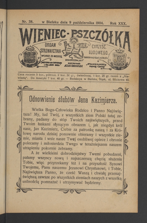 Wieniec-Pszczółka : organ Stronnictwa Chrześcijańsko-Ludowego. Rok 30, 1904, numer 38