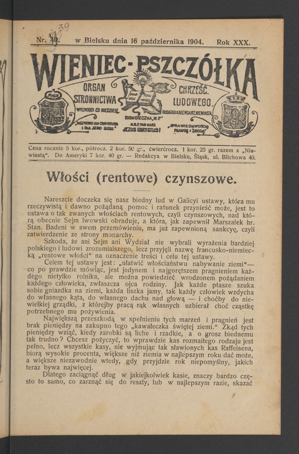 Wieniec-Pszczółka : organ Stronnictwa Chrześcijańsko-Ludowego. Rok 30, 1904, numer 39