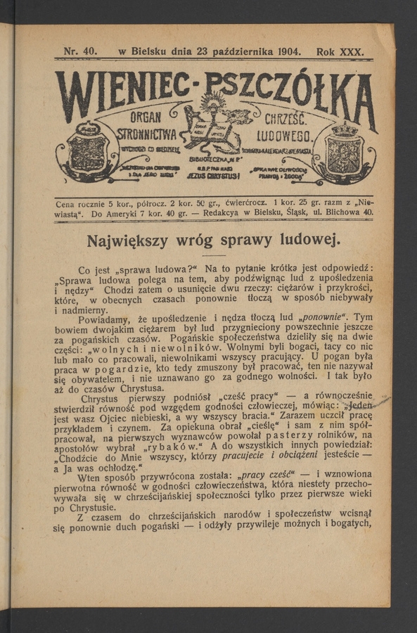 Wieniec-Pszczółka : organ Stronnictwa Chrześcijańsko-Ludowego. Rok 30, 1904, numer 40