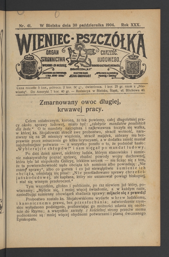 Wieniec-Pszczółka : organ Stronnictwa Chrześcijańsko-Ludowego. Rok 30, 1904, numer 41