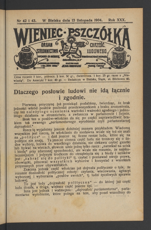 Wieniec-Pszczółka : organ Stronnictwa Chrześcijańsko-Ludowego. Rok 30, 1904, numer 42-43