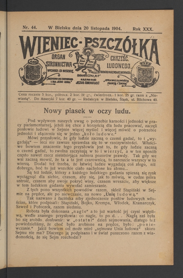 Wieniec-Pszczółka : organ Stronnictwa Chrześcijańsko-Ludowego. Rok 30, 1904, numer 44