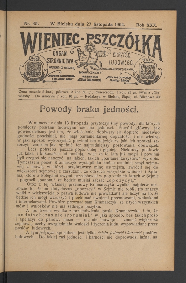 Wieniec-Pszczółka : organ Stronnictwa Chrześcijańsko-Ludowego. Rok 30, 1904, numer 45
