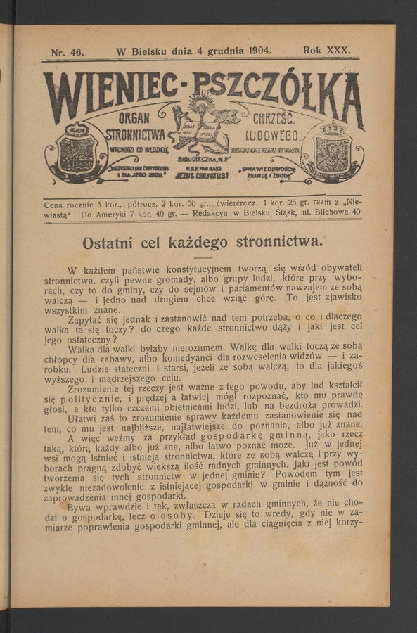 Wieniec-Pszczółka : organ Stronnictwa Chrześcijańsko-Ludowego. Rok 30, 1904, numer 46