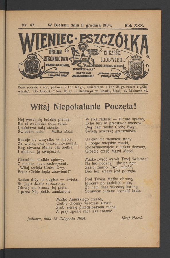 Wieniec-Pszczółka : organ Stronnictwa Chrześcijańsko-Ludowego. Rok 30, 1904, numer 47