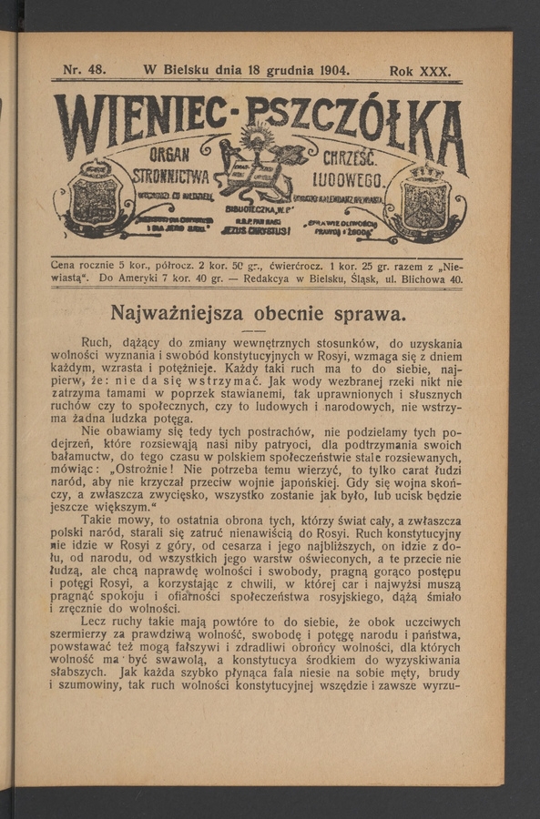 Wieniec-Pszczółka : organ Stronnictwa Chrześcijańsko-Ludowego. Rok 30, 1904, numer 48