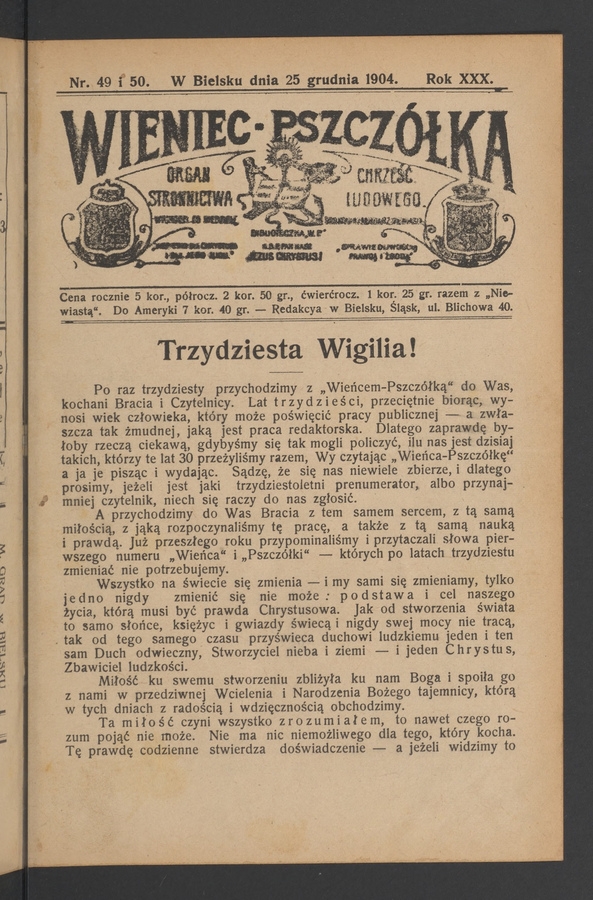 Wieniec-Pszczółka : organ Stronnictwa Chrześcijańsko-Ludowego. Rok 30, 1904, numer 49-50