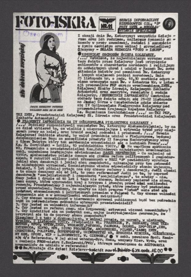 Foto-Iskra&nbsp;: serwis informacyjny szeregowych członk&oacute;w &bdquo;S&rdquo; przy Zakładach Naprawczych Taboru Kolejowego Wrocław. 1987, numer&nbsp;11
