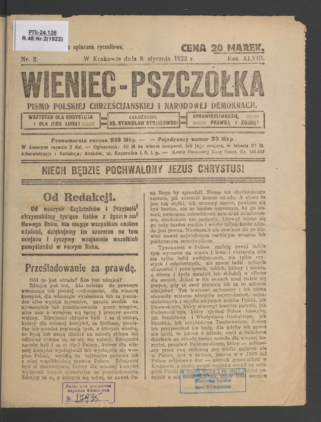 Wieniec-Pszczółka : pismo polskiej chrześcijańskiej i narodowej demokracji. Rok 48, 1922, numer 2