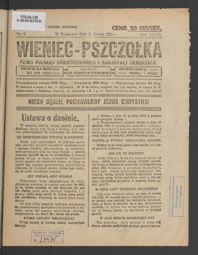Wieniec-Pszczółka : pismo polskiej chrześcijańskiej i narodowej demokracji. Rok 48, 1922, numer 6