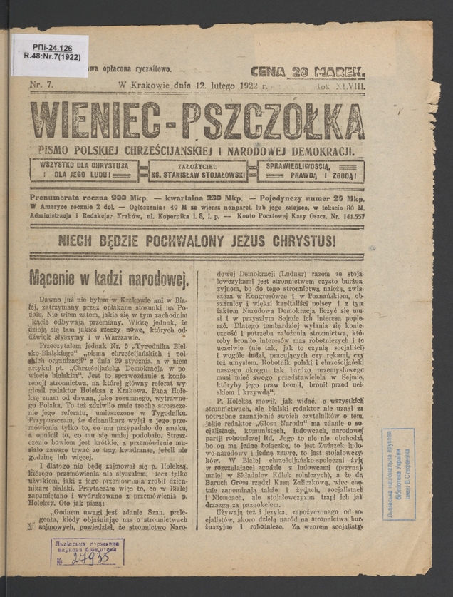 Wieniec-Pszczółka : pismo polskiej chrześcijańskiej i narodowej demokracji. Rok 48, 1922, numer 7