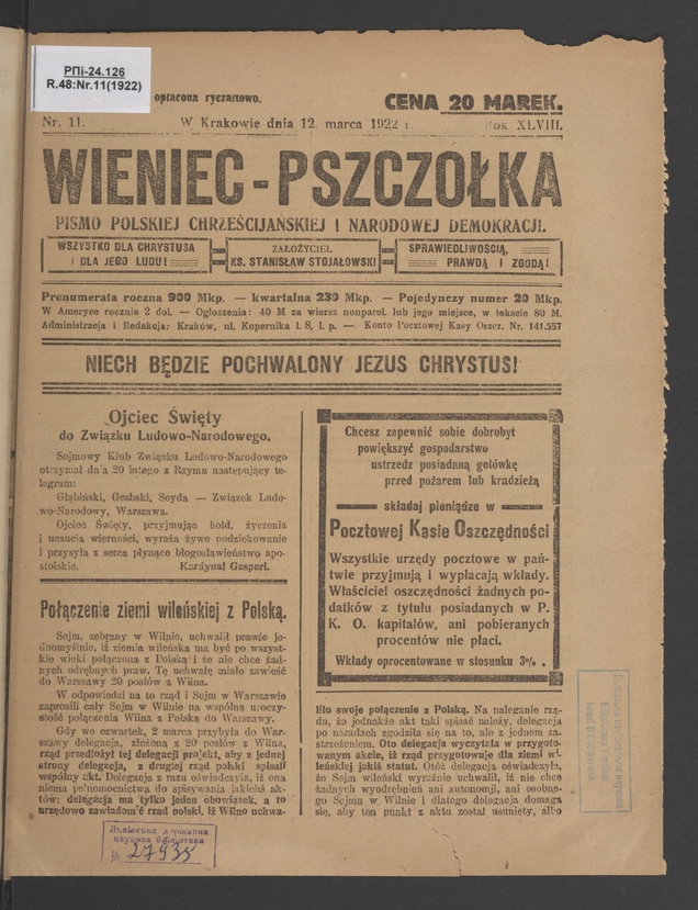 Wieniec-Pszczółka : pismo polskiej chrześcijańskiej i narodowej demokracji. Rok 48, 1922, numer 11