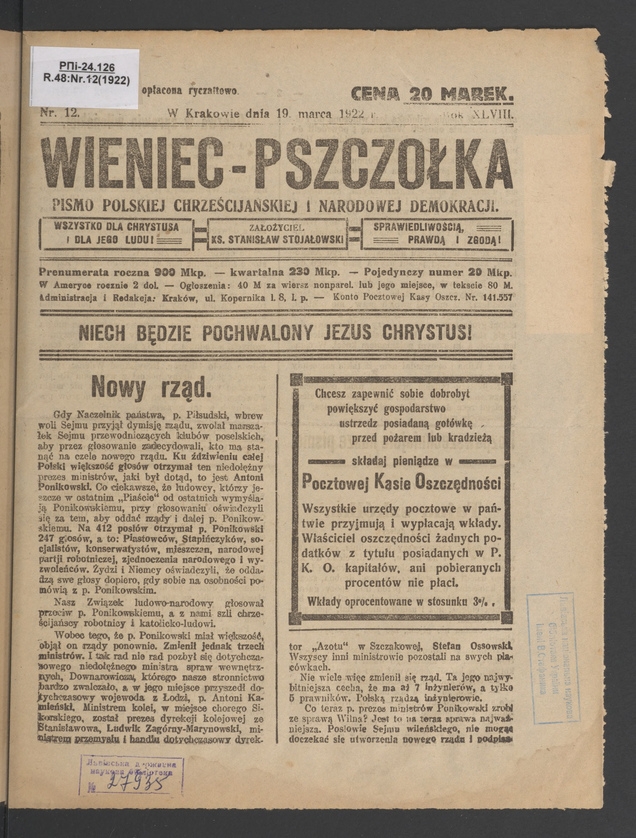 Wieniec-Pszczółka : pismo polskiej chrześcijańskiej i narodowej demokracji. Rok 48, 1922, numer 12