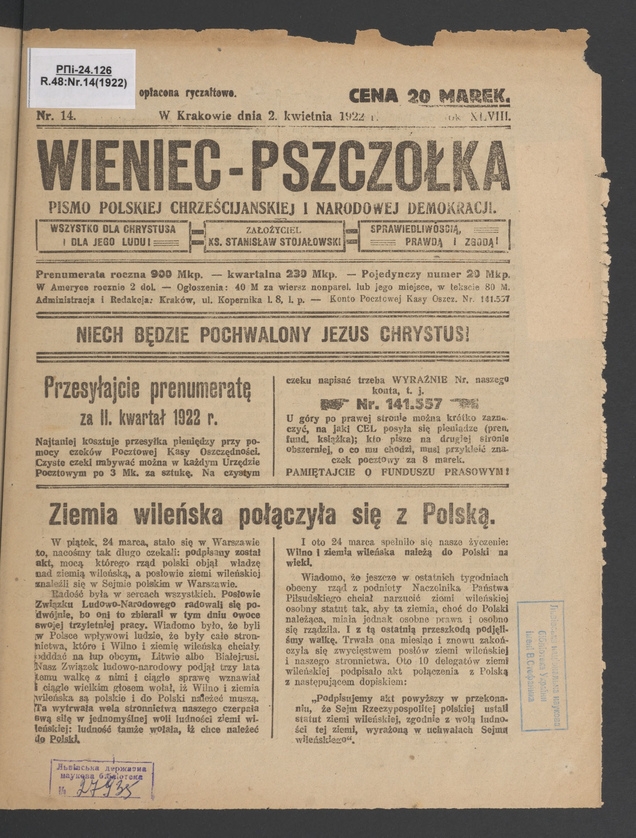 Wieniec-Pszczółka : pismo polskiej chrześcijańskiej i narodowej demokracji. Rok 48, 1922, numer 14