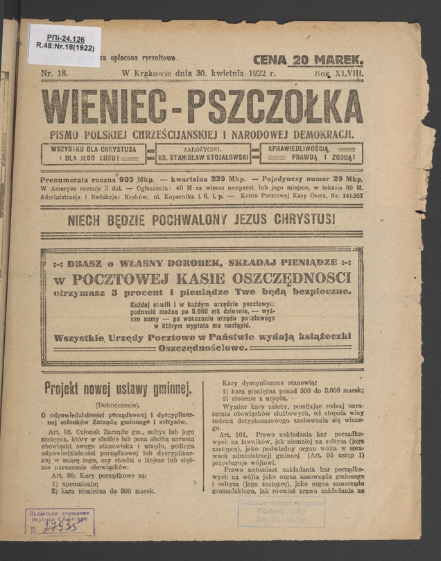 Wieniec-Pszczółka : pismo polskiej chrześcijańskiej i narodowej demokracji. Rok 48, 1922, numer 18