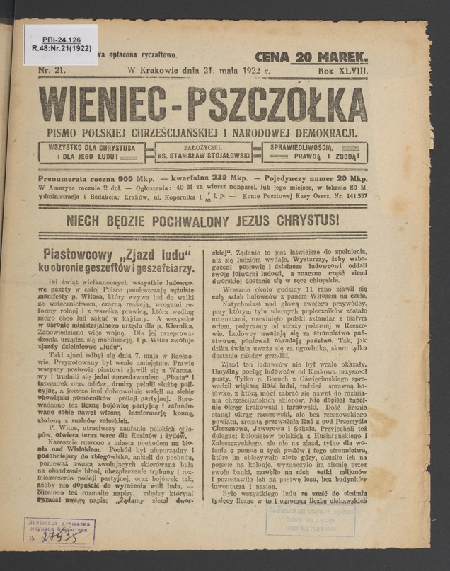 Wieniec-Pszczółka : pismo polskiej chrześcijańskiej i narodowej demokracji. Rok 48, 1922, numer 21