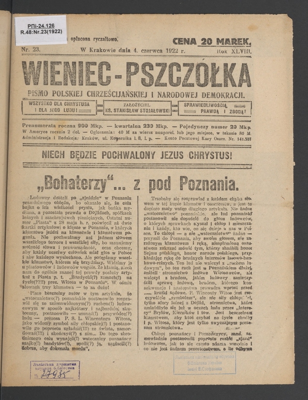 Wieniec-Pszczółka : pismo polskiej chrześcijańskiej i narodowej demokracji. Rok 48, 1922, numer 23