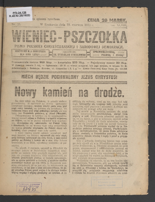 Wieniec-Pszczółka : pismo polskiej chrześcijańskiej i narodowej demokracji. Rok 48, 1922, numer 25
