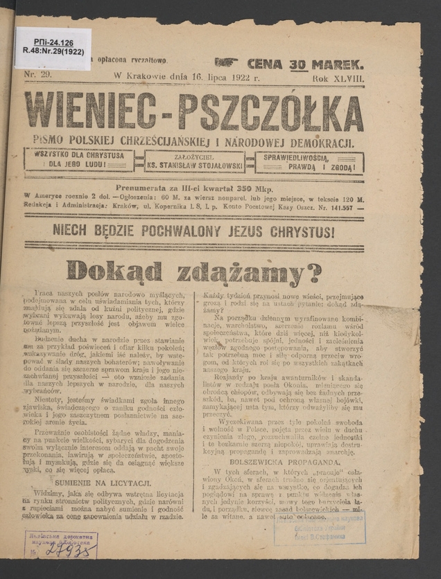 Wieniec-Pszczółka : pismo polskiej chrześcijańskiej i narodowej demokracji. Rok 48, 1922, numer 29