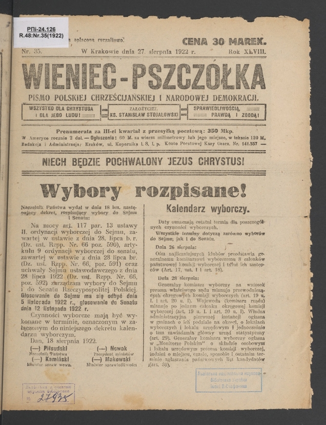 Wieniec-Pszczółka : pismo polskiej chrześcijańskiej i narodowej demokracji. Rok 48, 1922, numer 35