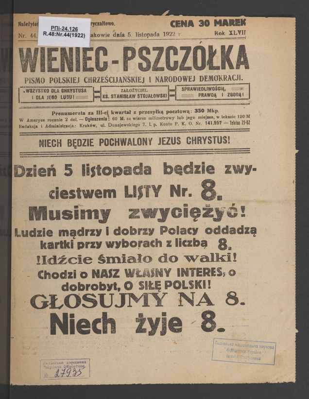 Wieniec-Pszczółka : pismo polskiej chrześcijańskiej i narodowej demokracji. Rok 48, 1922, numer 44