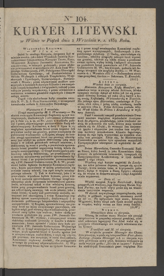 Kuryer Litewski. 1832, numer 104