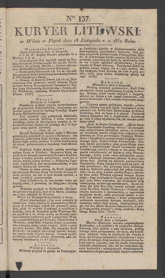 Kuryer Litewski. 1832, numer 137
