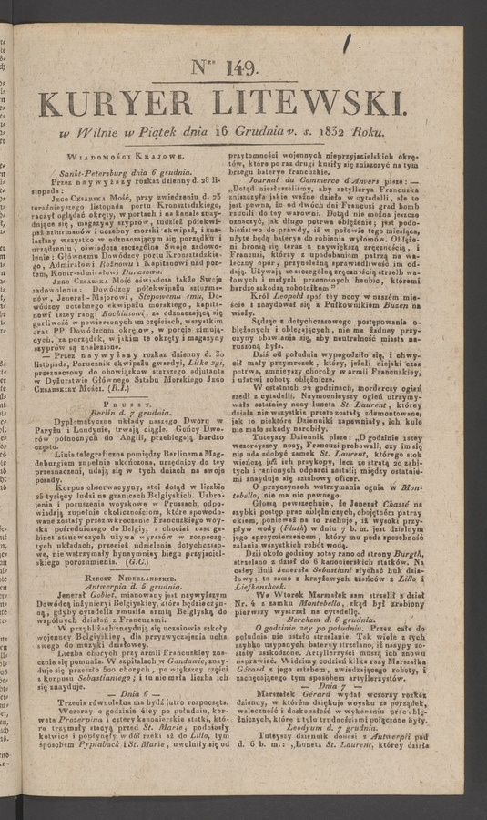 Kuryer Litewski. 1832, numer 149