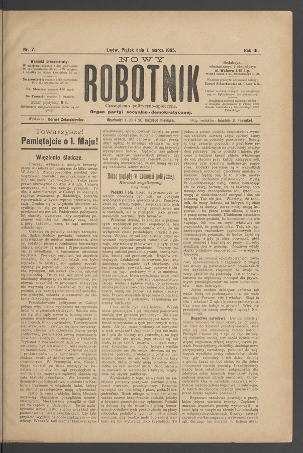 Nowy Robotnik : czasopismo polityczno-społeczne : organ partyi socyalno-demokratycznej. Rok 3, 1895, numer 7