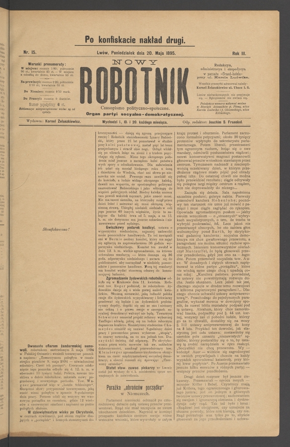 Nowy Robotnik : czasopismo polityczno-społeczne : organ partyi socyalno-demokratycznej. Rok 3, 1895, numer 15 (po konfiskacie nakład drugi)