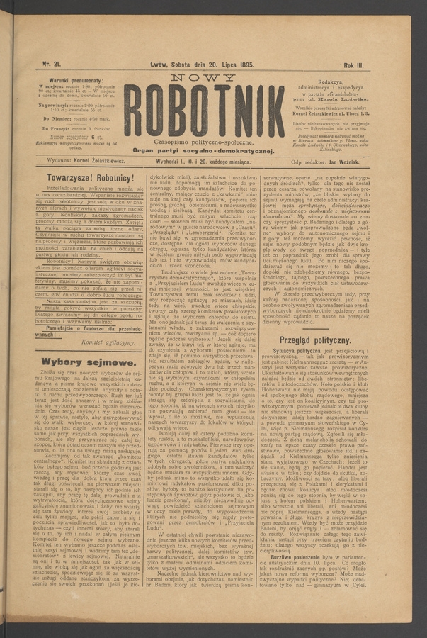 Nowy Robotnik : czasopismo polityczno-społeczne : organ partyi socyalno-demokratycznej. Rok 3, 1895, numer 21