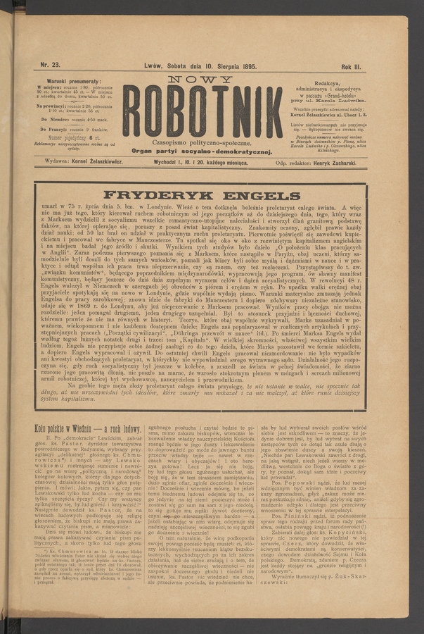 Nowy Robotnik : czasopismo polityczno-społeczne : organ partyi socyalno-demokratycznej. Rok 3, 1895, numer 23