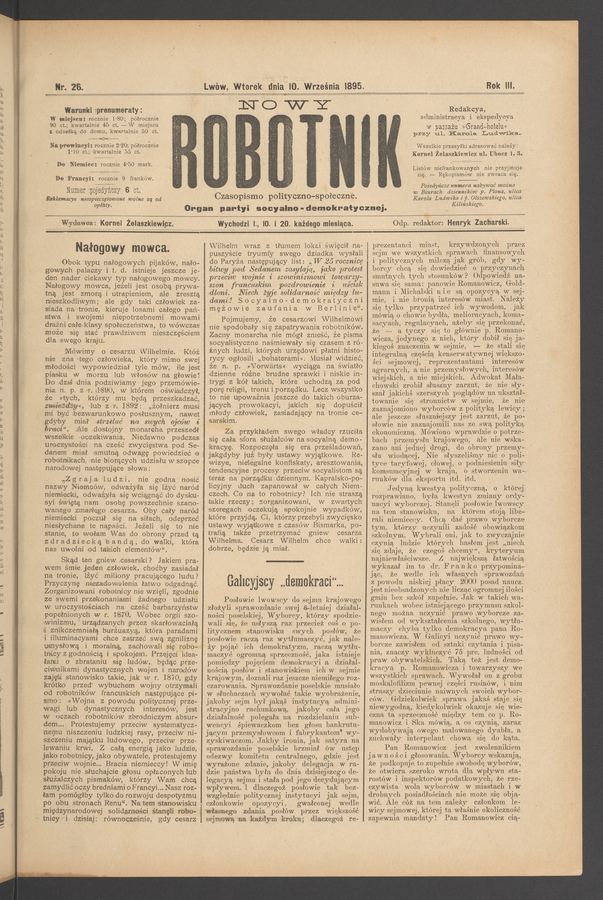 Nowy Robotnik : czasopismo polityczno-społeczne : organ partyi socyalno-demokratycznej. Rok 3, 1895, numer 26