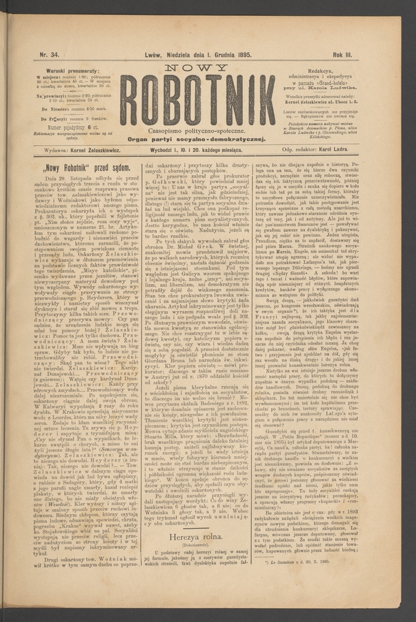Nowy Robotnik : czasopismo polityczno-społeczne : organ partyi socyalno-demokratycznej. Rok 3, 1895, numer 34