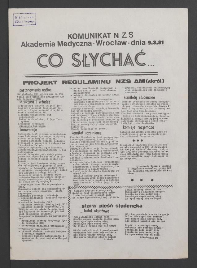 Co&nbsp;słychać&nbsp;: komunikat NZS Akademia Medyczna Wrocław, 1981.03.09