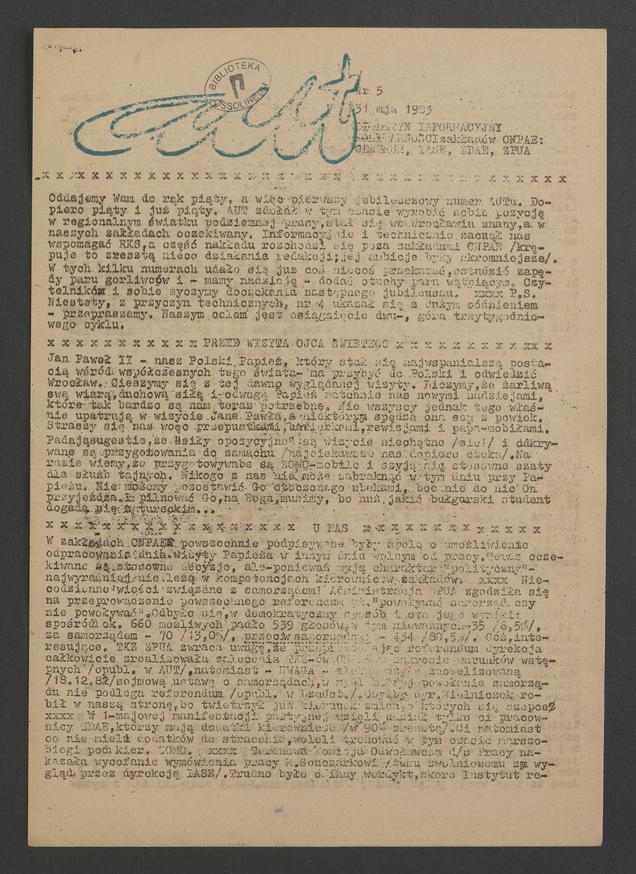 Aut&nbsp;: biuletyn informacyjny Solidarności Zakład&oacute;w CNPAE: Centrum, IASE, ZDAE, ZPUA. 1983, numer&nbsp;5