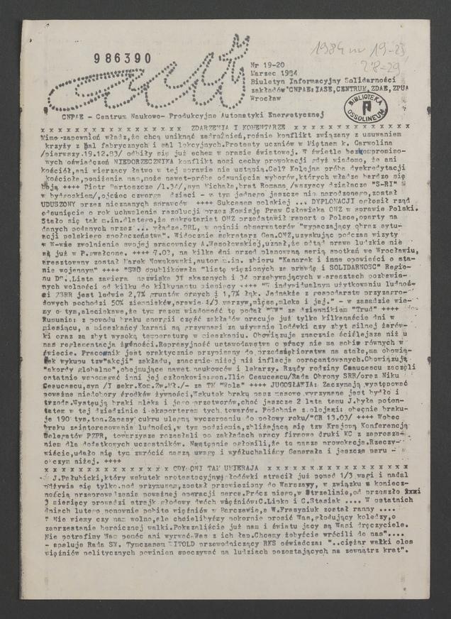 Aut&nbsp;: biuletyn informacyjny Solidarności zakład&oacute;w CNPAE: Centrum, IASE, ZDAE, ZPUA. 1984, numer&nbsp;19-20