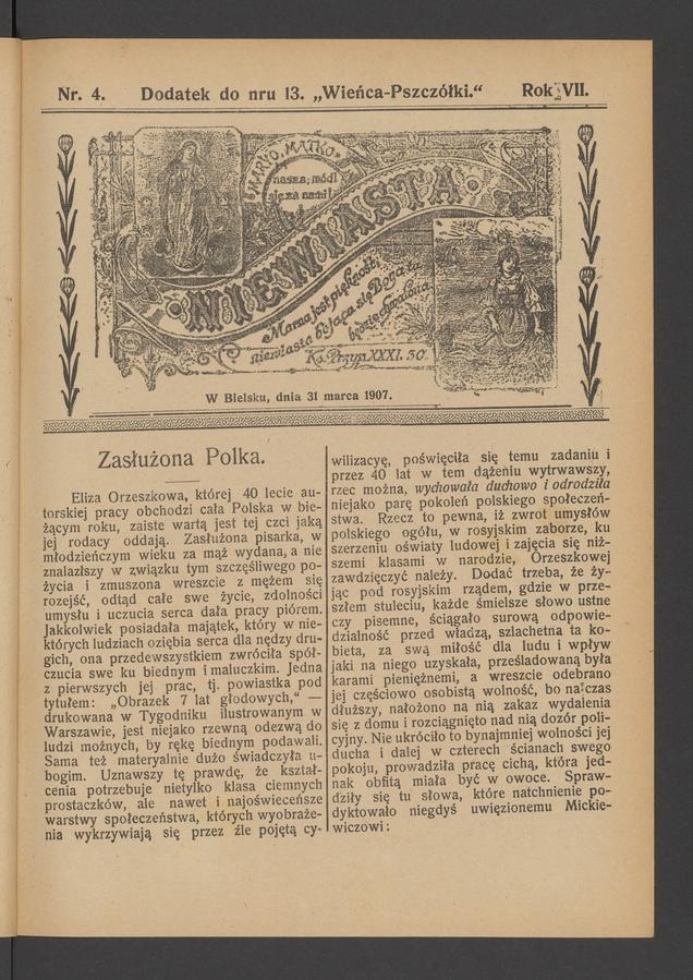 Niewiasta : dodatek do numeru 13 „Wieńca-Pszczółki”. Rok 7, 1907, numer 4