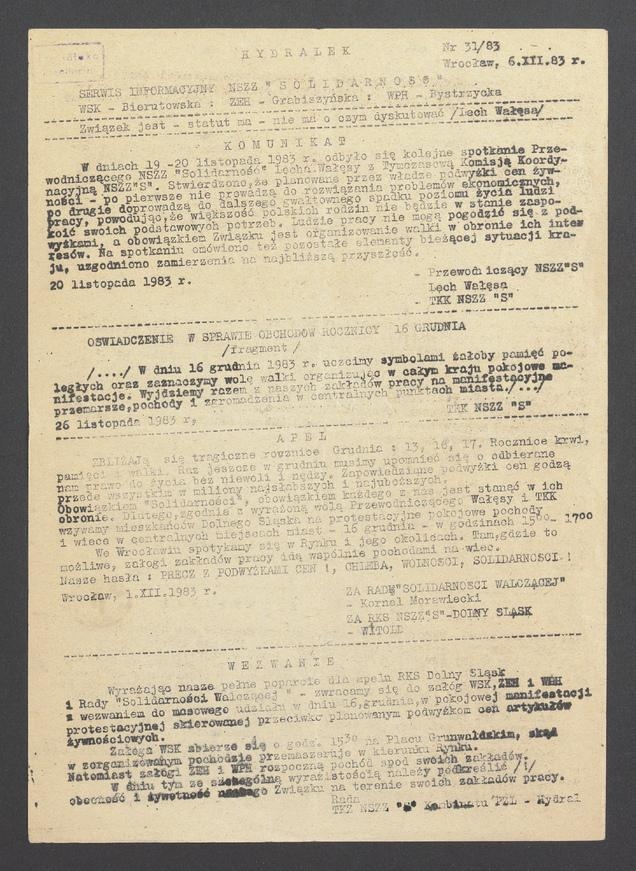 Hydralek&nbsp;: serwis informacyjny NSZZ &bdquo;Solidarność&rdquo; WSK&nbsp;Bierutowska, ZEH&nbsp;Grabiszyńska, WPH&nbsp;Bystrzycka. 1983, numer&nbsp;31