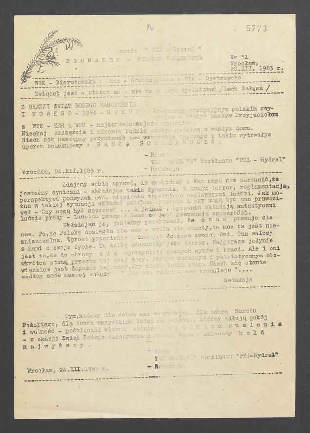 Hydralek&nbsp;: serwis PZL-Hydral, WSK&nbsp;Bierutowska, ZEH&nbsp;Grabiszyńska, WPH&nbsp;Bystrzycka. 1983, numer&nbsp;31, wydanie świąteczne