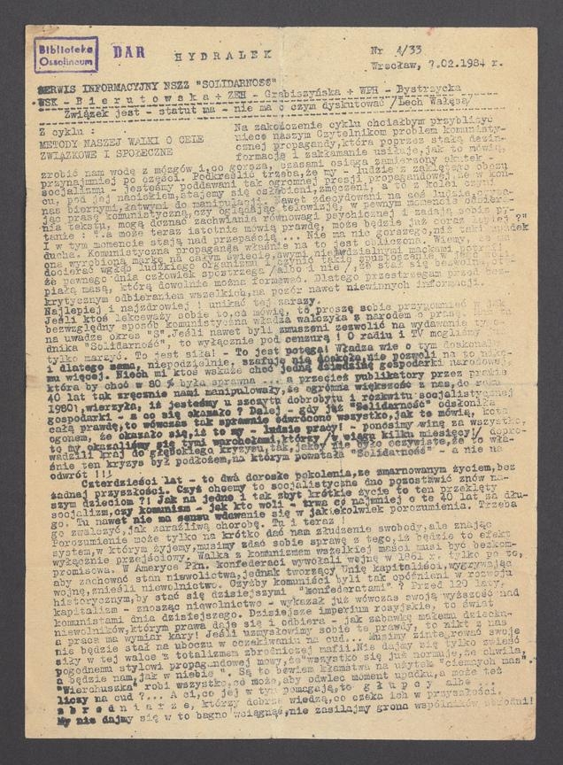Hydralek&nbsp;: serwis informacyjny NSZZ &bdquo;Solidarność&rdquo; WSK&nbsp;Bierutowska, ZEH&nbsp;Grabiszyńska, WPH&nbsp;Bystrzycka. 1984, numer&nbsp;4