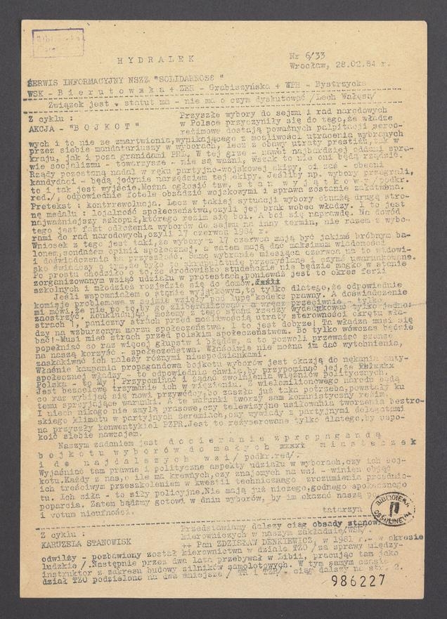 Hydralek&nbsp;: serwis informacyjny NSZZ &bdquo;Solidarność&rdquo; WSK&nbsp;Bierutowska, ZEH&nbsp;Grabiszyńska, WPH&nbsp;Bystrzycka. 1984, numer&nbsp;6