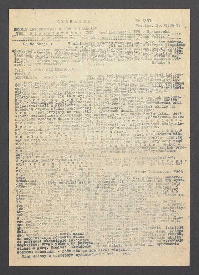 Hydralek&nbsp;: serwis informacyjny NSZZ &bdquo;Solidarność&rdquo; WSK&nbsp;Bierutowska, ZEH&nbsp;Grabiszyńska, WPH&nbsp;Bystrzycka. 1984, numer&nbsp;8