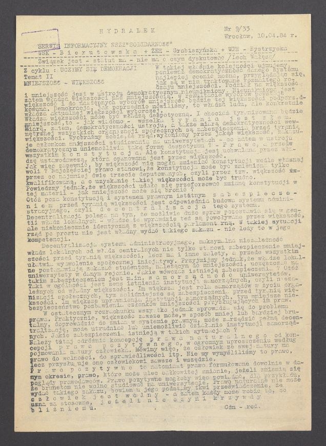 Hydralek&nbsp;: serwis informacyjny NSZZ &bdquo;Solidarność&rdquo; WSK&nbsp;Bierutowska, ZEH&nbsp;Grabiszyńska, WPH&nbsp;Bystrzycka. 1984, numer&nbsp;9