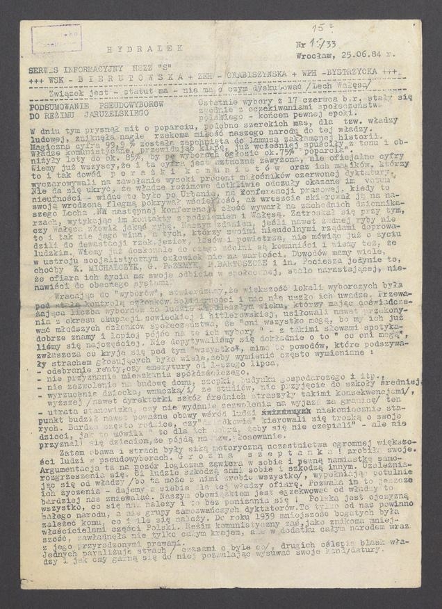 Hydralek&nbsp;: serwis informacyjny NSZZ &bdquo;Solidarność&rdquo; WSK&nbsp;Bierutowska, ZEH&nbsp;Grabiszyńska, WPH&nbsp;Bystrzycka. 1984, numer&nbsp;15
