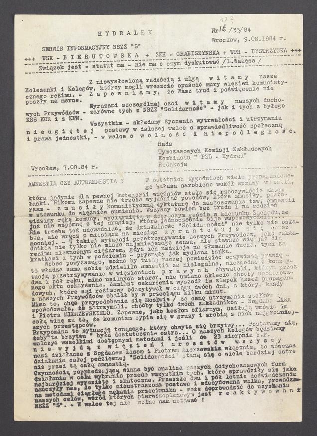 Hydralek&nbsp;: serwis informacyjny NSZZ &bdquo;Solidarność&rdquo; WSK&nbsp;Bierutowska, ZEH&nbsp;Grabiszyńska, WPH&nbsp;Bystrzycka. 1984, numer&nbsp;16 (17)