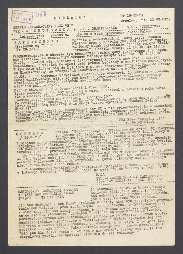 Hydralek&nbsp;: serwis informacyjny NSZZ &bdquo;Solidarność&rdquo; WSK&nbsp;Bierutowska, ZEH&nbsp;Grabiszyńska, WPH&nbsp;Bystrzycka. 1984, numer&nbsp;18
